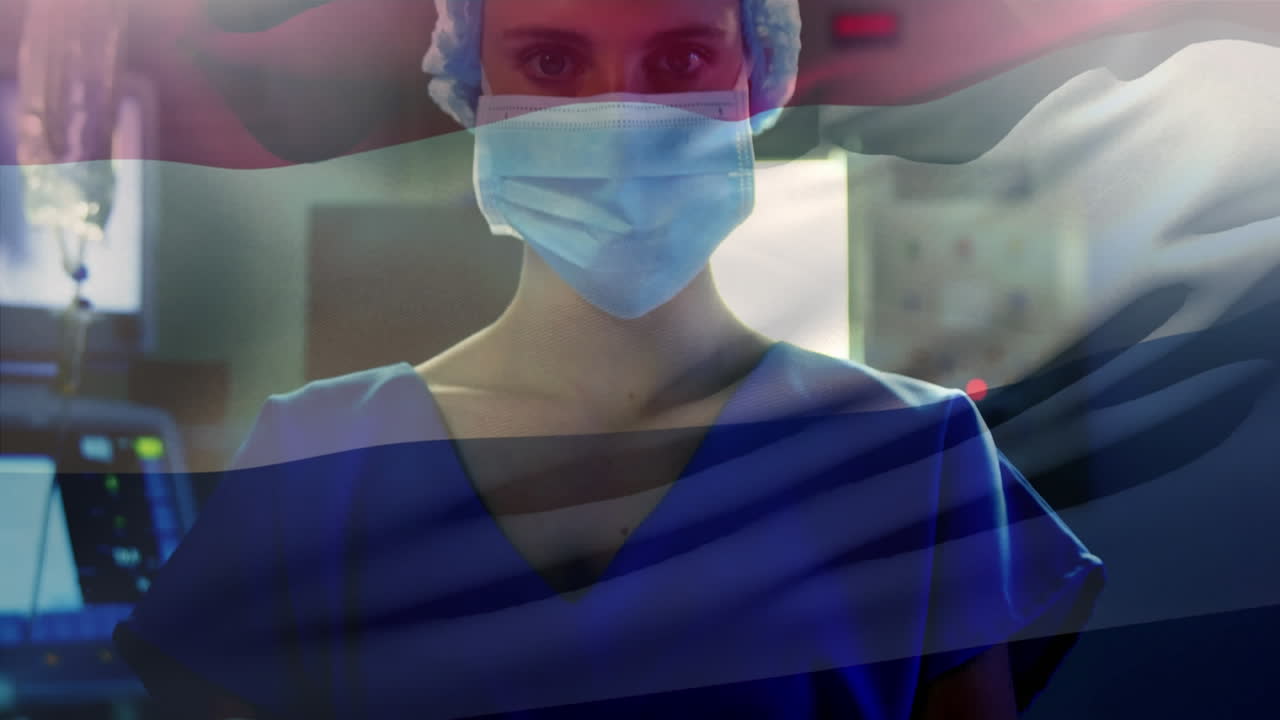 수술실에서 마취과 의사 위에 흔들리는 네덜란드  ⁇ 발의 애니메이션