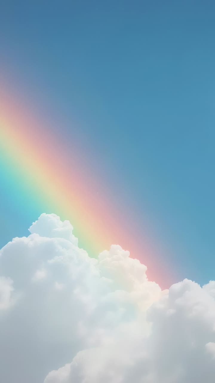 Vertical video: Sunlight through rain forming diagonal rainbow arc above cumulus bank, copy space