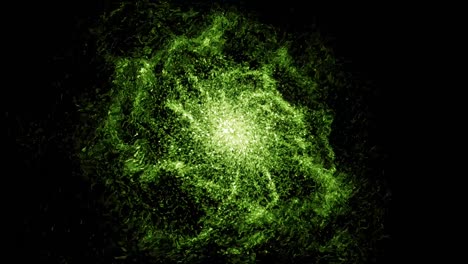 green illuminated particles in a form of giant field in fast motion. animation. abstract glowing field with energy epicenter that spreading rays of light on black background, seamless loop