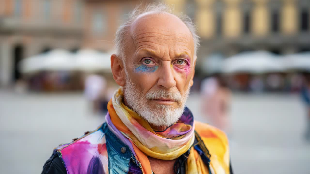 Un ritratto colorato di un individuo con un trucco vivace in un ambiente urbano dinamico, che cattura l'essenza dell'espressione personale e dello stile