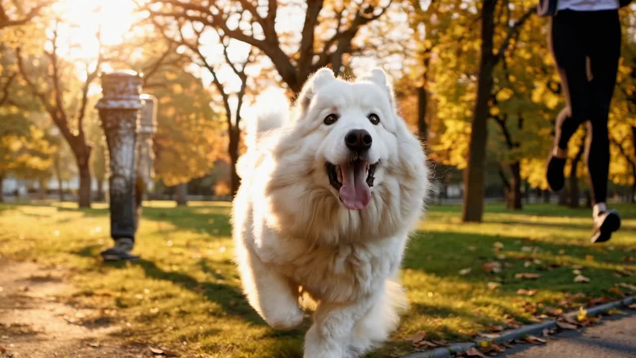 A joyful dog runs towards the camera in a park during autumn