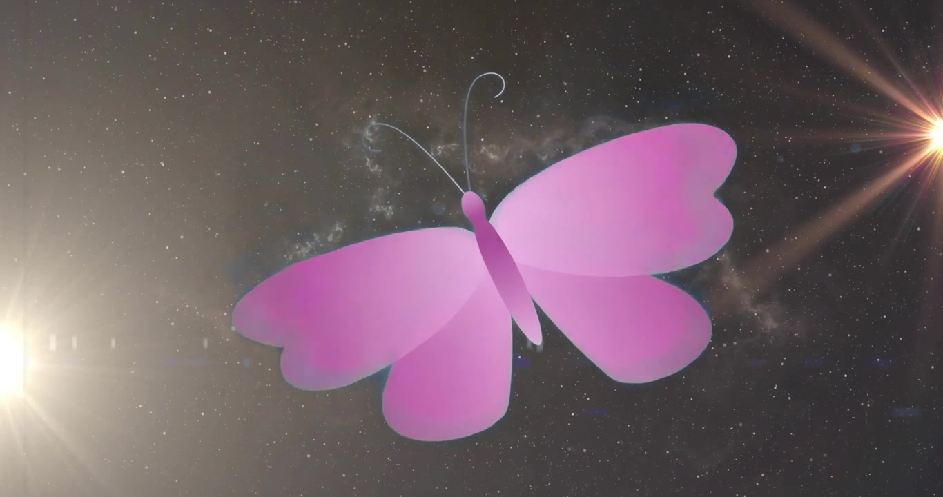 All'inizio, farfalla rosa che emerge da un paesaggio stellato, battendo le ali curve e ruotando, mostrando il movimento