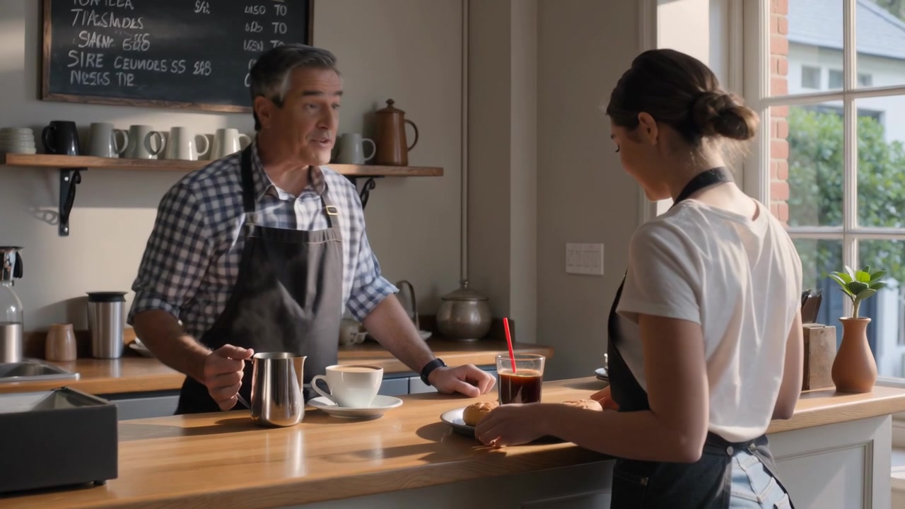 Pouring milk after order arriving, baristas placing iced coffee and pastries at cafe in aprons