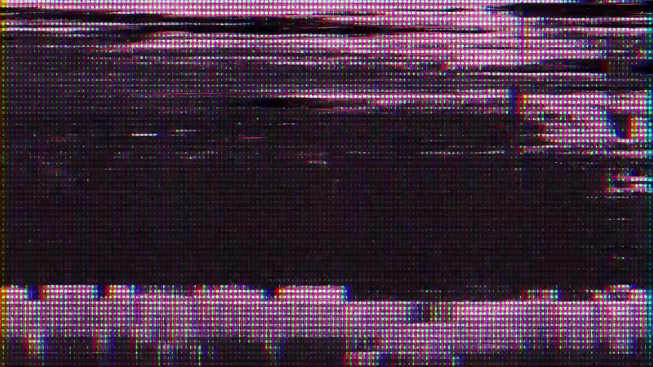 Schermo con glitch digitale tremolante e rumore statico colorato