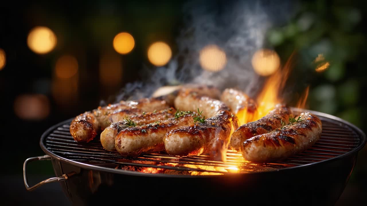 Salsicce succulente grigliate alla perfezione, che emanano aromi saporiti e un bel fumo su uno sfondo accogliente di luce soffusa del fuoco.
