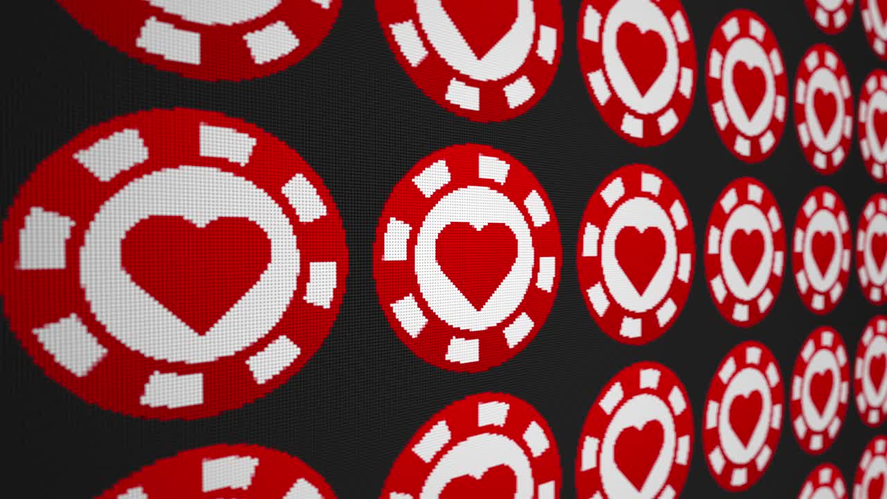 Fiches da poker, cuori, quadri, fiori, picche su schermo pixel