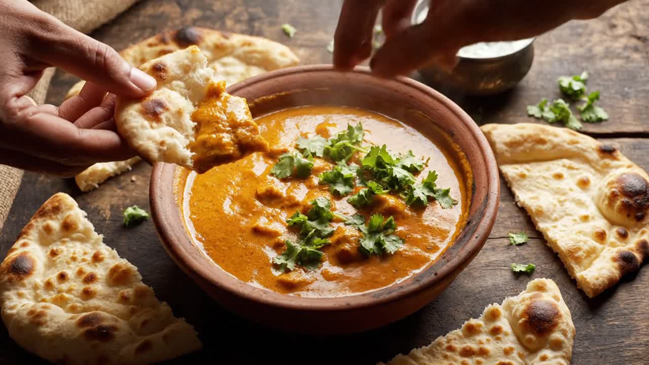 Hint tereyağlı tavuk körisine naan ekmeği batıran el