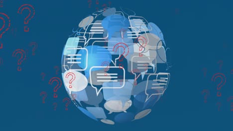 Animation-of-question-marks-and-speech-bubble-forming-globe-on-blue-background