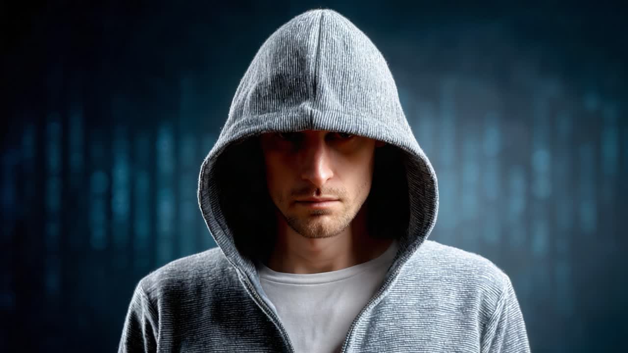 A Mysterious Figure in a Hoodie Surrounded by Digital Patterns: Exploring Themes of Identity, Secrecy, and Technology in Modern Society