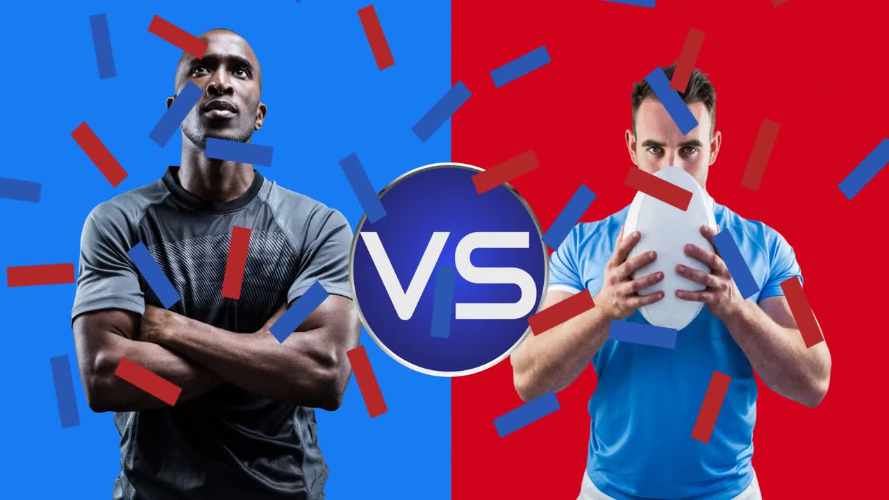 공을 가진 두 명의 다양한 남성 럭비 선수에 대한 콘페티와 vs 텍스트의 애니메이션