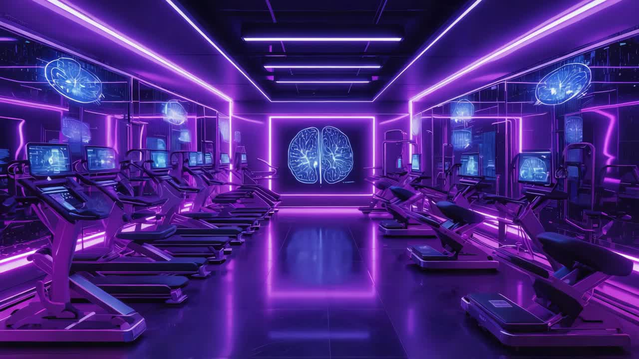 Futuristic Neon Gym with Brain Display