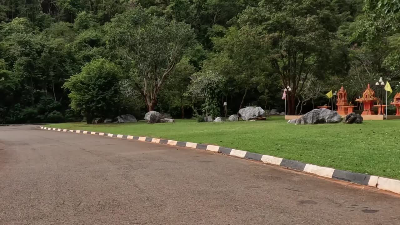 A tranquil road lined with trees and greenery, featuring curbs and traffic cones under a cloudy sky.