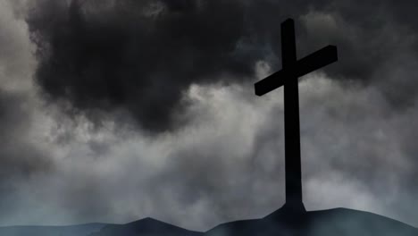 silhouettes of hills and crosses against a stormy background