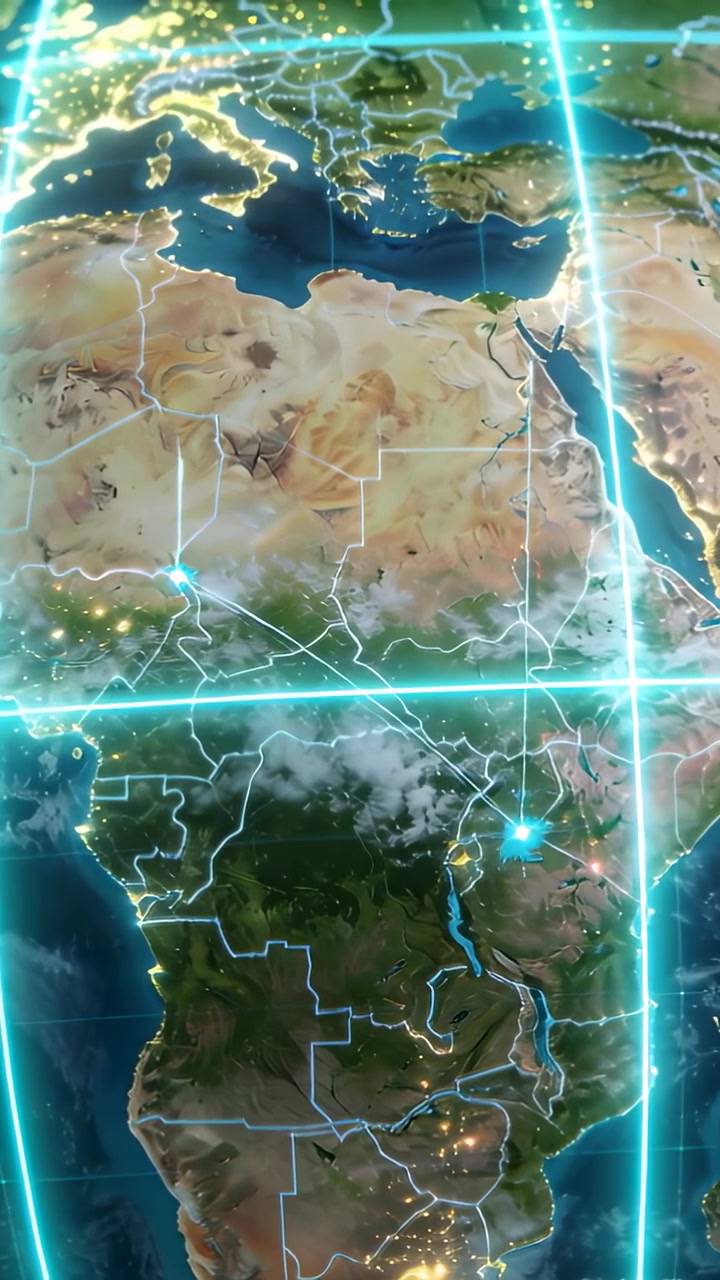 Vertical video: Shifting map of Africa showing neon grid, pulsing nodes and connector lines