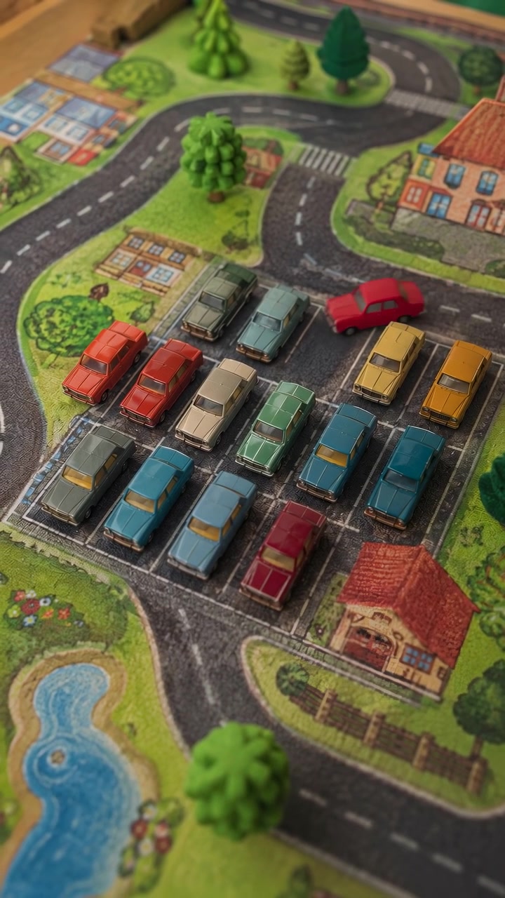 Macchinina rossa giocattolo si muove lungo una strada curva su un tappeto da gioco illustrato, mentre le macchinine in miniatura vicine rimangono parcheggiate in aree di sosta dipinte, creando un chiaro senso di movimento, spaziatura, contrasto cromatico, esposizione giocosa e