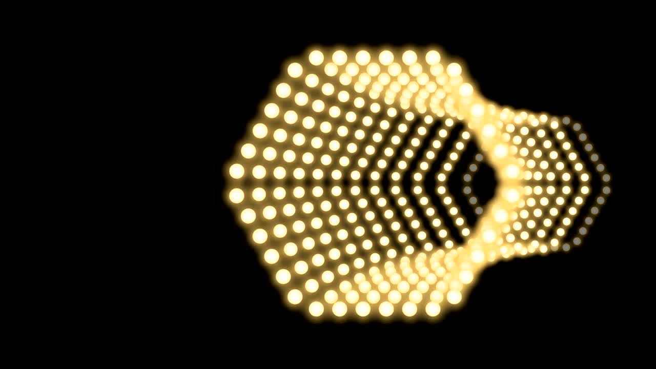 Tunnel Incandescent light bulb box frame hexagon shape moving pattern, retro 3D virtual style illustration glow in dark background seamless looping animation 4K, with copy space