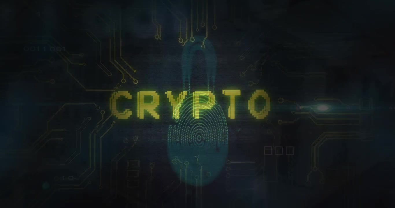 Animation of glitch technique on crypto text over padlock, binary codes, circuit board texture