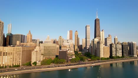 lakefront city skyline downtown chicago traffic drone