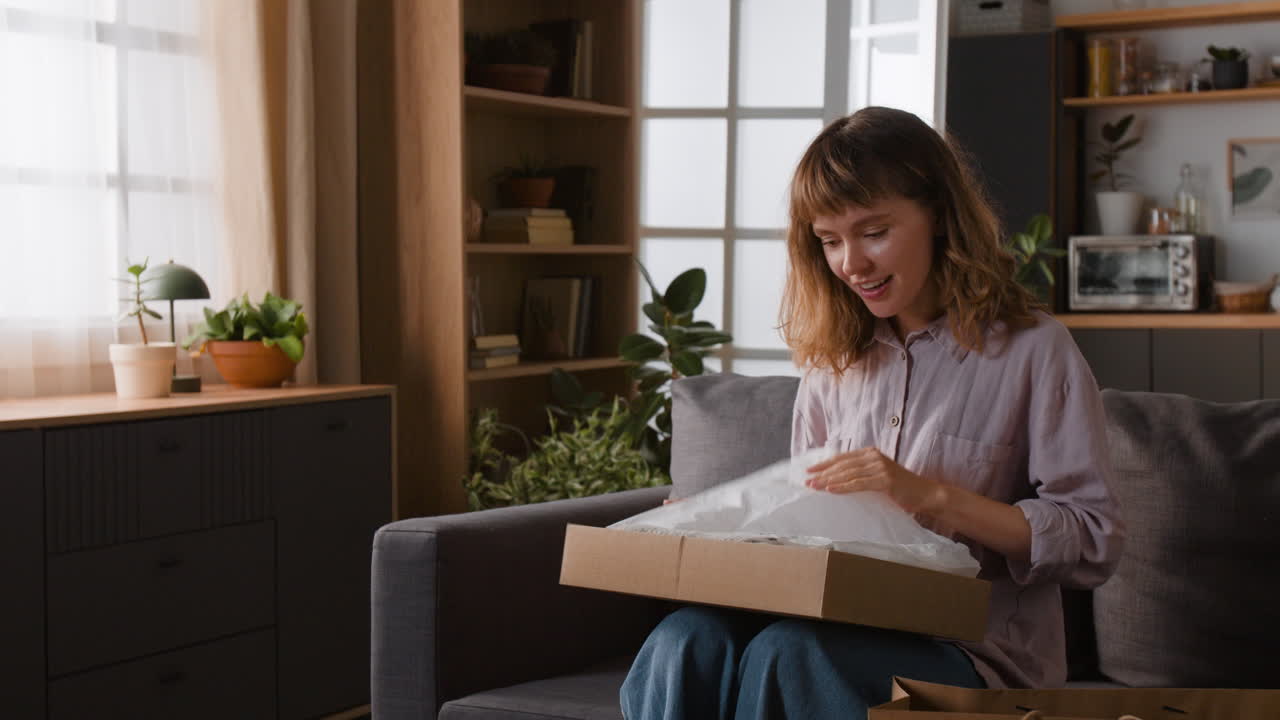 A woman unboxing a box