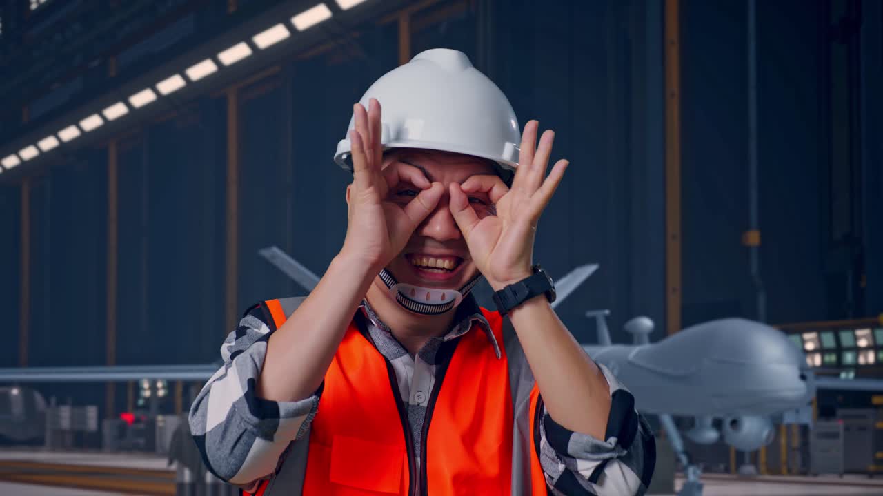 Nærbillede af en asiatisk mandlig ingeniør med sikkerhedshjelm, der laver et 'ok'-tegn over øjet og smiler til kameraet. Han står ved en moderne militærdrone i en vedligeholdelseshangar med industribelysning.