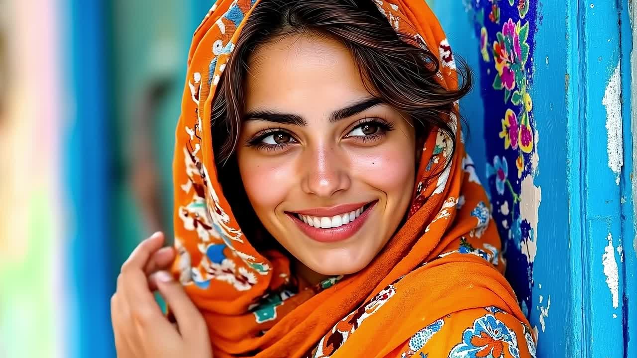 A woman wearing an orange headscarf smiles at the camera