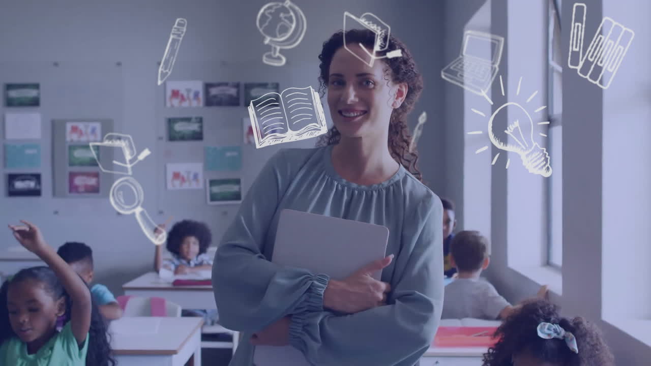animación de iconos escolares sobre diversos escolares y maestras en el aula