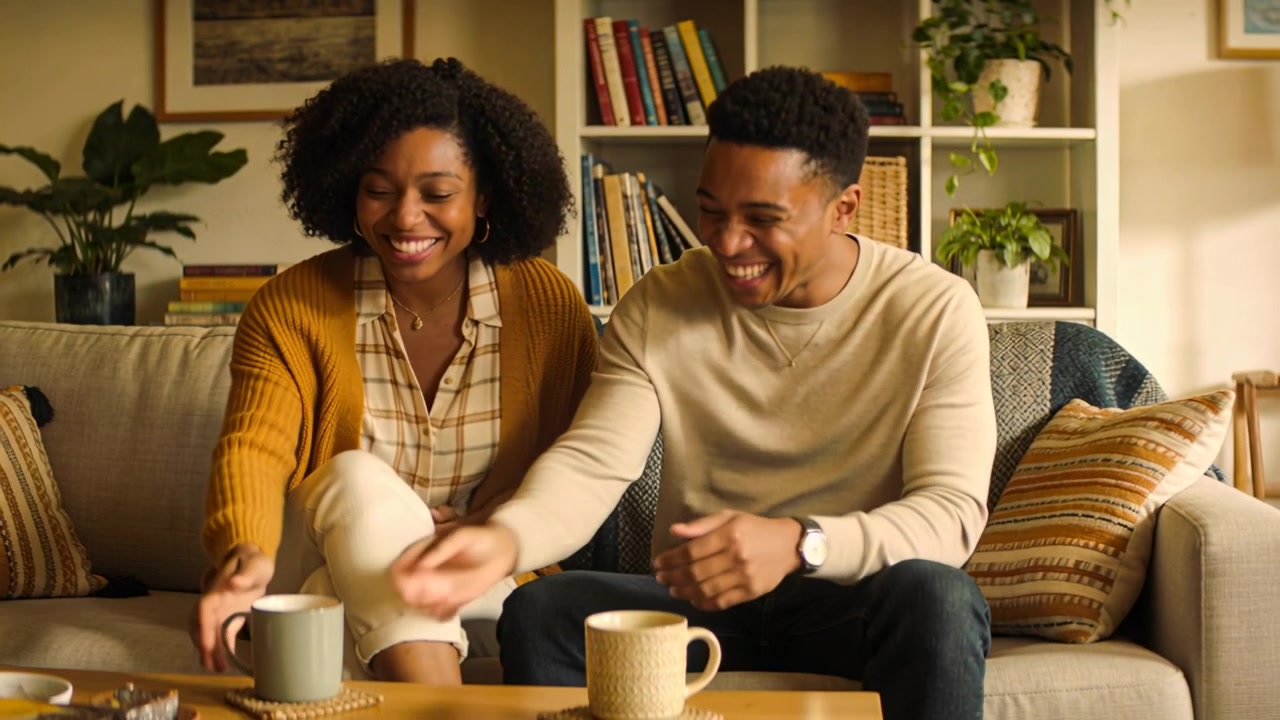 Smiling couple in mustard cardigan, beige sweater on sofa exchanging smiles, reaching mug to sip