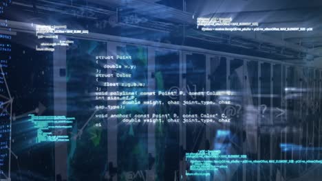 Animation-of-computer-language,-symbols-over-connected-dots-forming-shapes-against-server-room