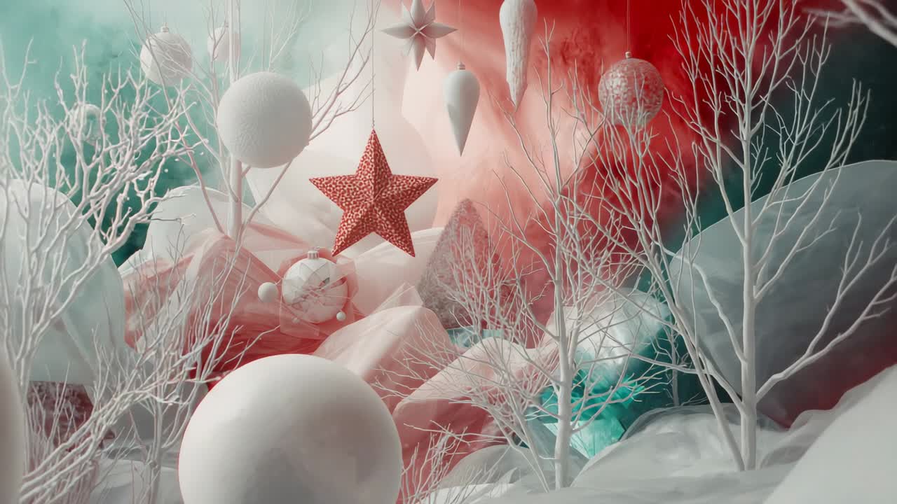 Opening animation showing camera panning around red star ornament in studio revealing white spheres