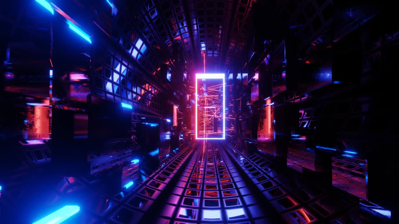 túnel de ciencia ficción de neón de alta tecnología. líneas de brillo de neón a la moda forman patrón y construcción en túnel de espejo. hermoso túnel de neón. volar a través del ciberespacio tecnológico. 3d en bucle sin costuras 4k brillante bg. marcos