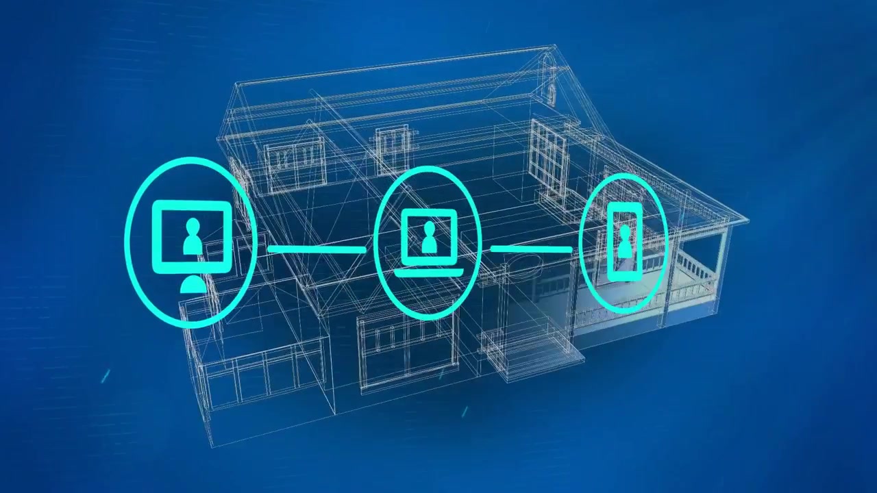 Monitor icon appearing, three icons forming, house filling, camera orbiting, showing linked users
