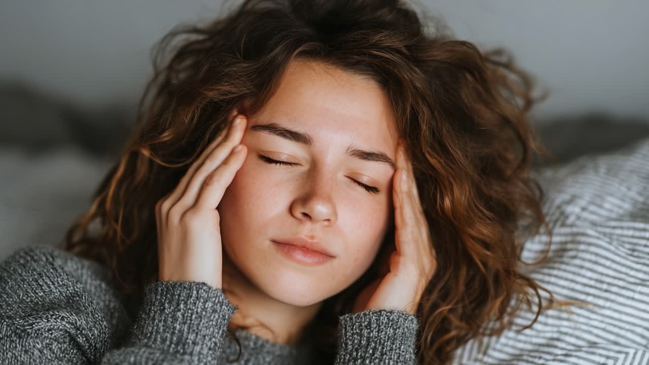 A young woman experiencing discomfort as she holds her head, showcasing the emotions and physical sensations associated with stress and fatigue in a calming indoor environment