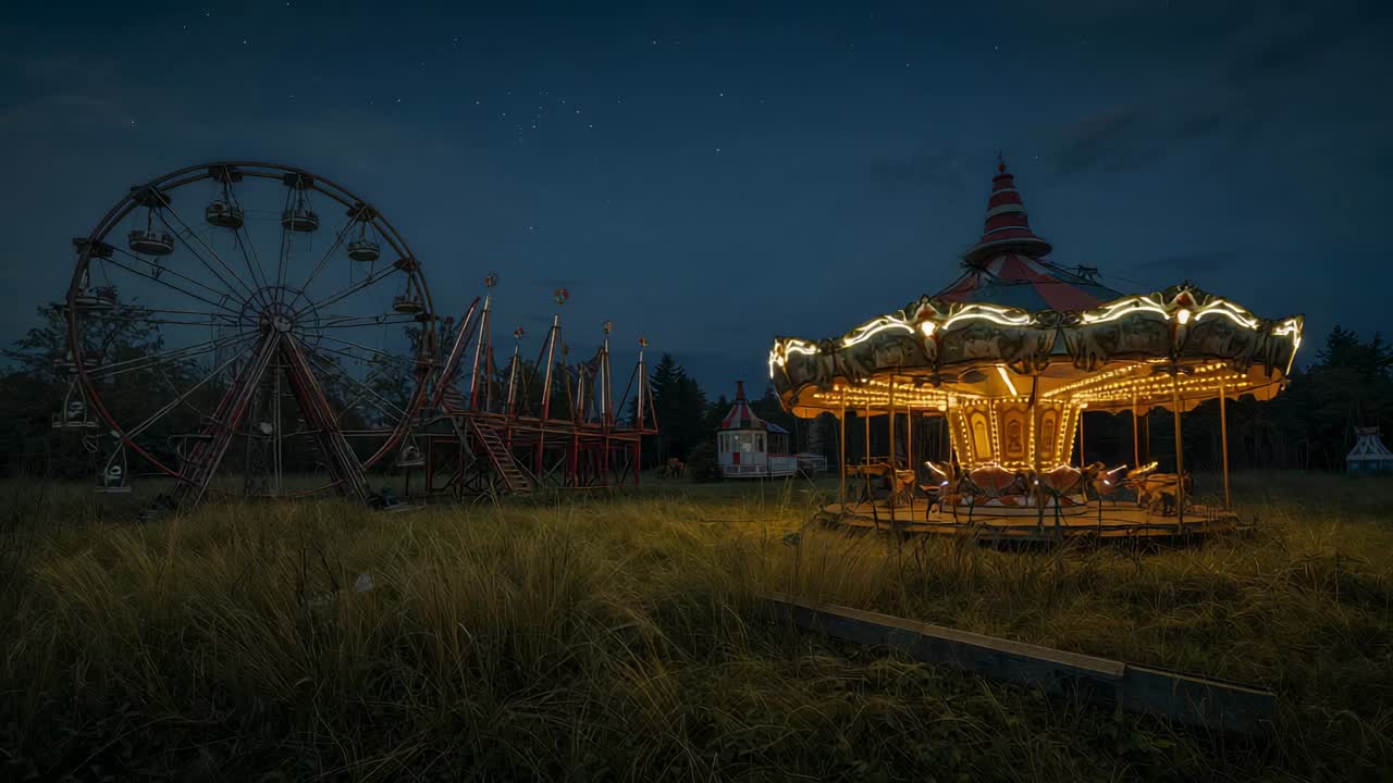 Rotating illuminated vintage carousel at dusk in carnival clearing, with Ferris wheel, copy space