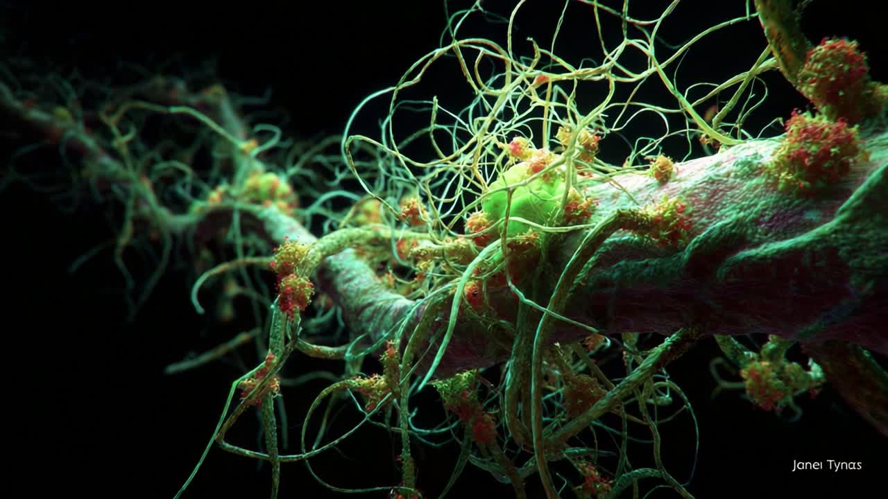 Intricate Close-Up of a Fascinating Microbial Structure, Showcasing a Complex Network of Filaments and Knots Against a Dark Background Highlighting the Beauty of Microscopic Life