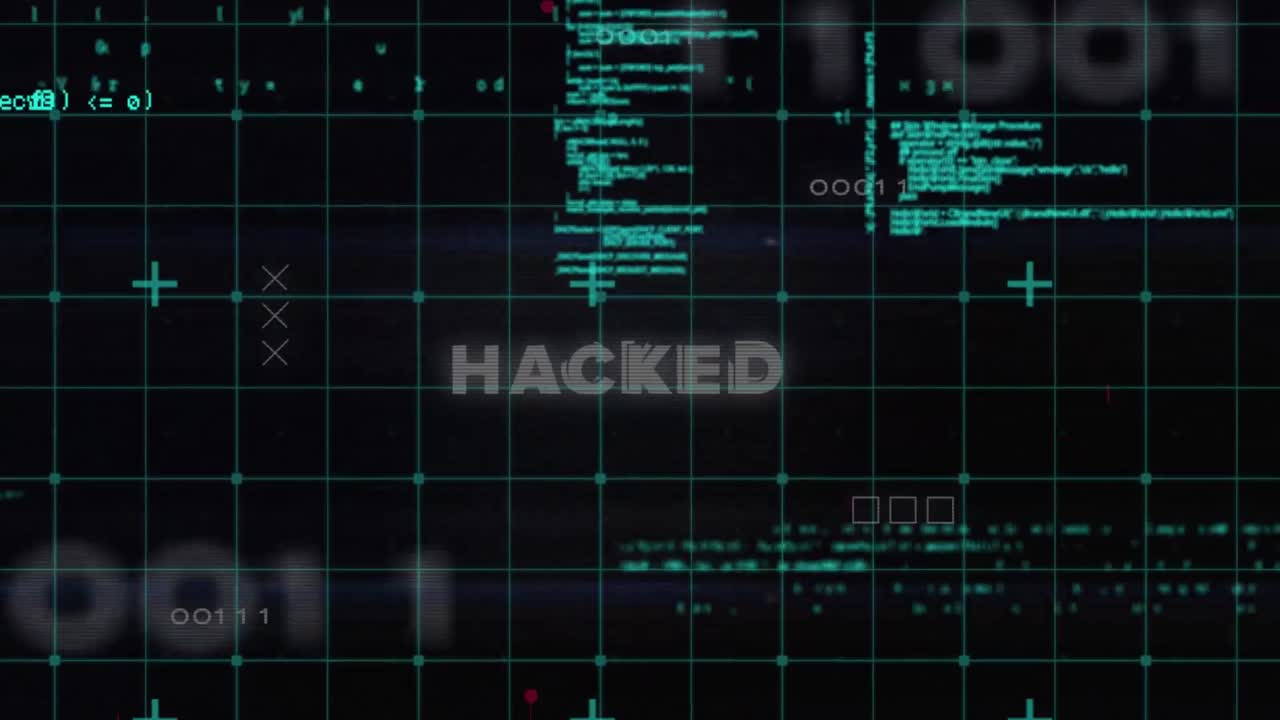 Animation of data processing and hacked text over computer circuit board on black background