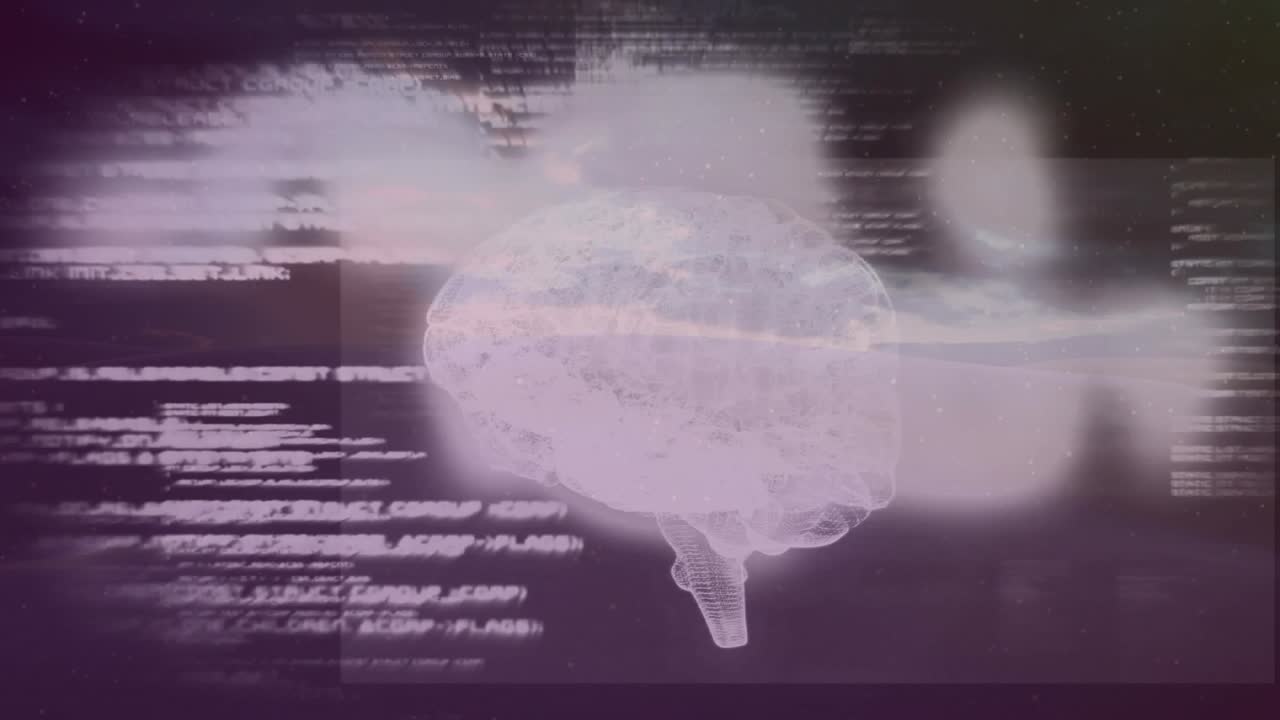 Incoming code panels appearing, translucent 3D brain rotating and pulsing, visualizing neural data
