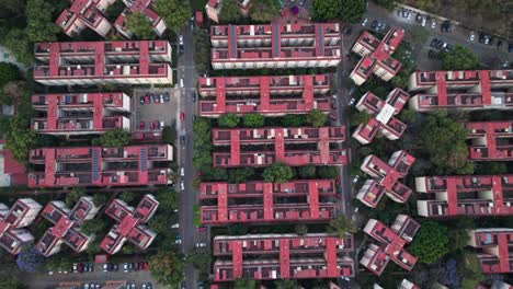 from above, blocks of housing units with geometric shapes