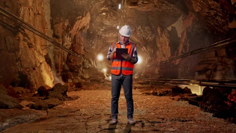 full body of asian male engineer with safety helmet taking note on the tablet and looking around while standing in underground mine tunnel