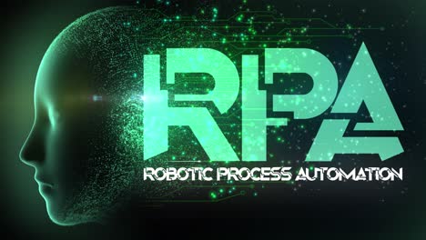 High quality animated graphical concept design depicting Robotic Process Technology Automation technology with firing neurons in circuitry and flowing particles from AI Brain, in teal color scheme