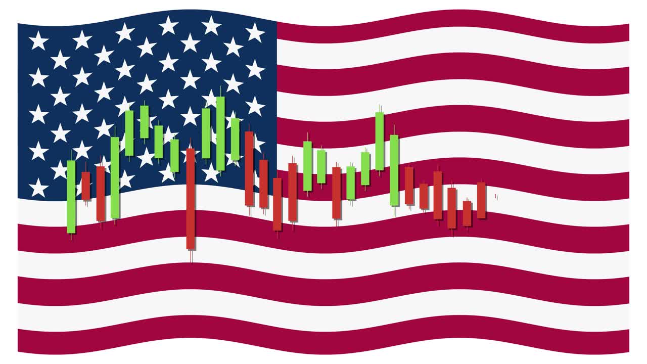 Green and red candlestick chart animates over stylized USA flag on a white background