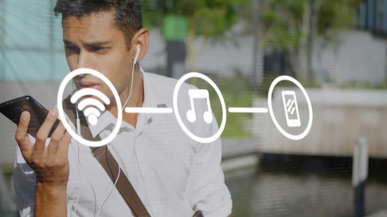 animación de diagrama de flujo sobre un hombre biracial usando auriculares y usando asistente de voz en el teléfono móvil