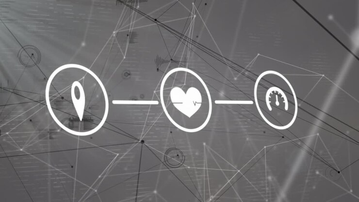 Animation of network of connections with icons and data processing over white background