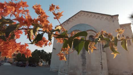 View-of-Blooming-flowers-shrouded-in-sunset-light-near-Apse-of-Holy-Trinity-Church-in-Limassol,-Cyprus---Wide-slide-reveal-shot