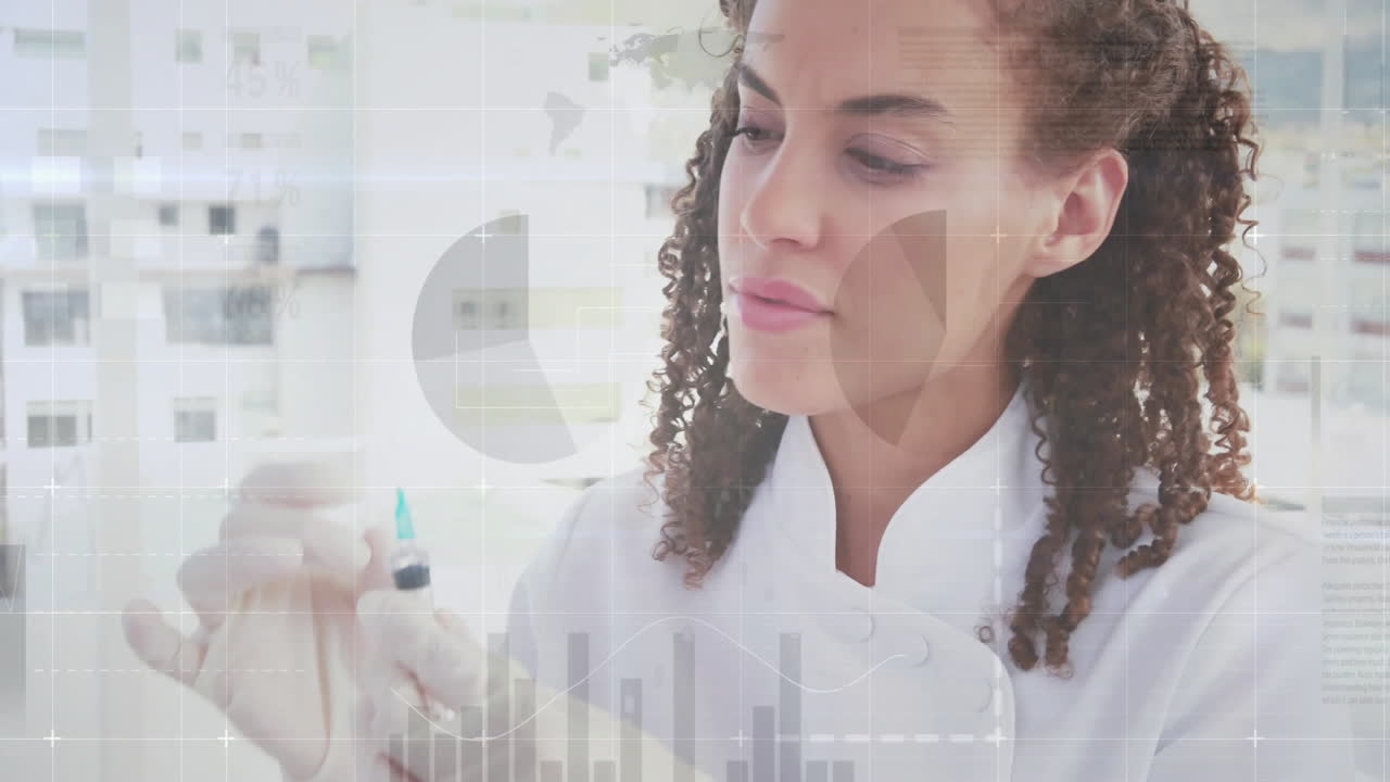 Female healthcare professional examining syringe with green needle overlaying medical data charts