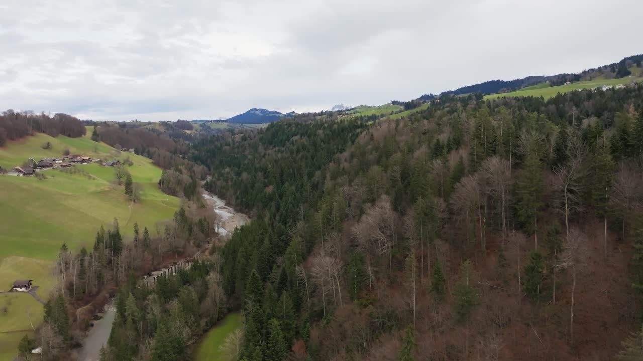 Aerial view of a scenic valley with forest, hills, green fields and small village houses, showing a peaceful rural landscape and natural environment under a cloudy sky