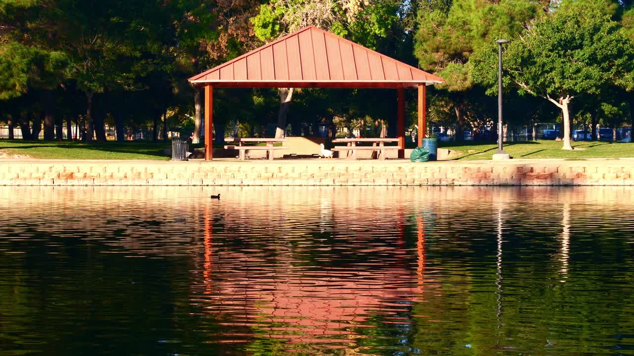 Reflections on pond and shelter in suburban park