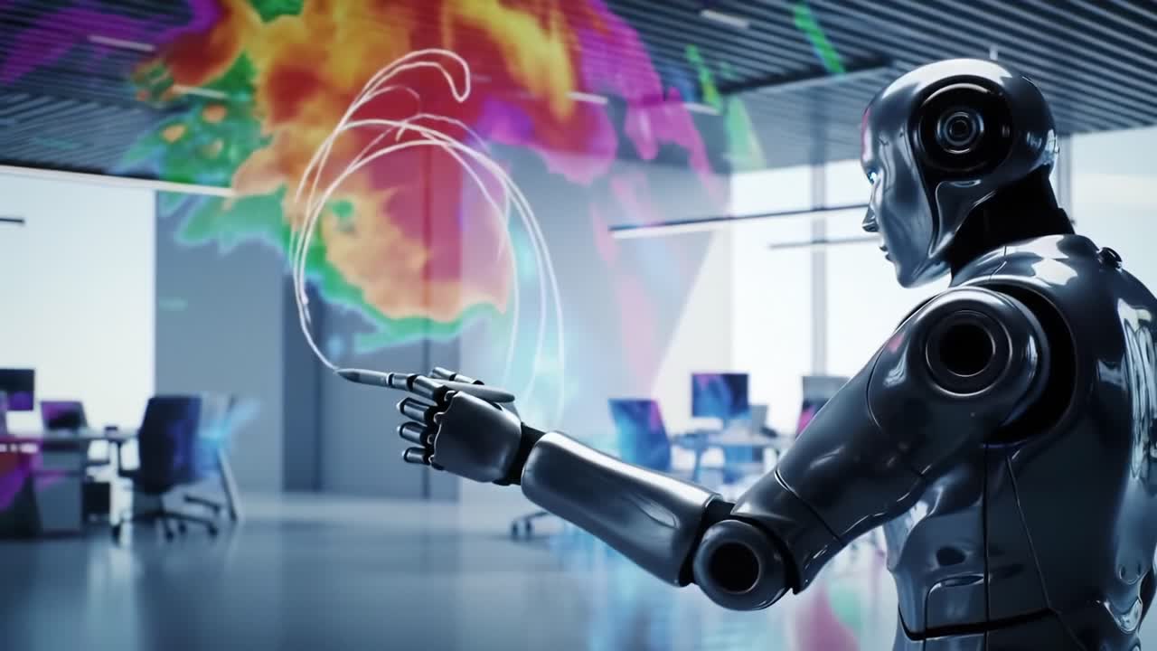 A futuristic humanoid robot interacts with vibrant holographic graphics in a modern office space, illustrating advanced technology and digital communication