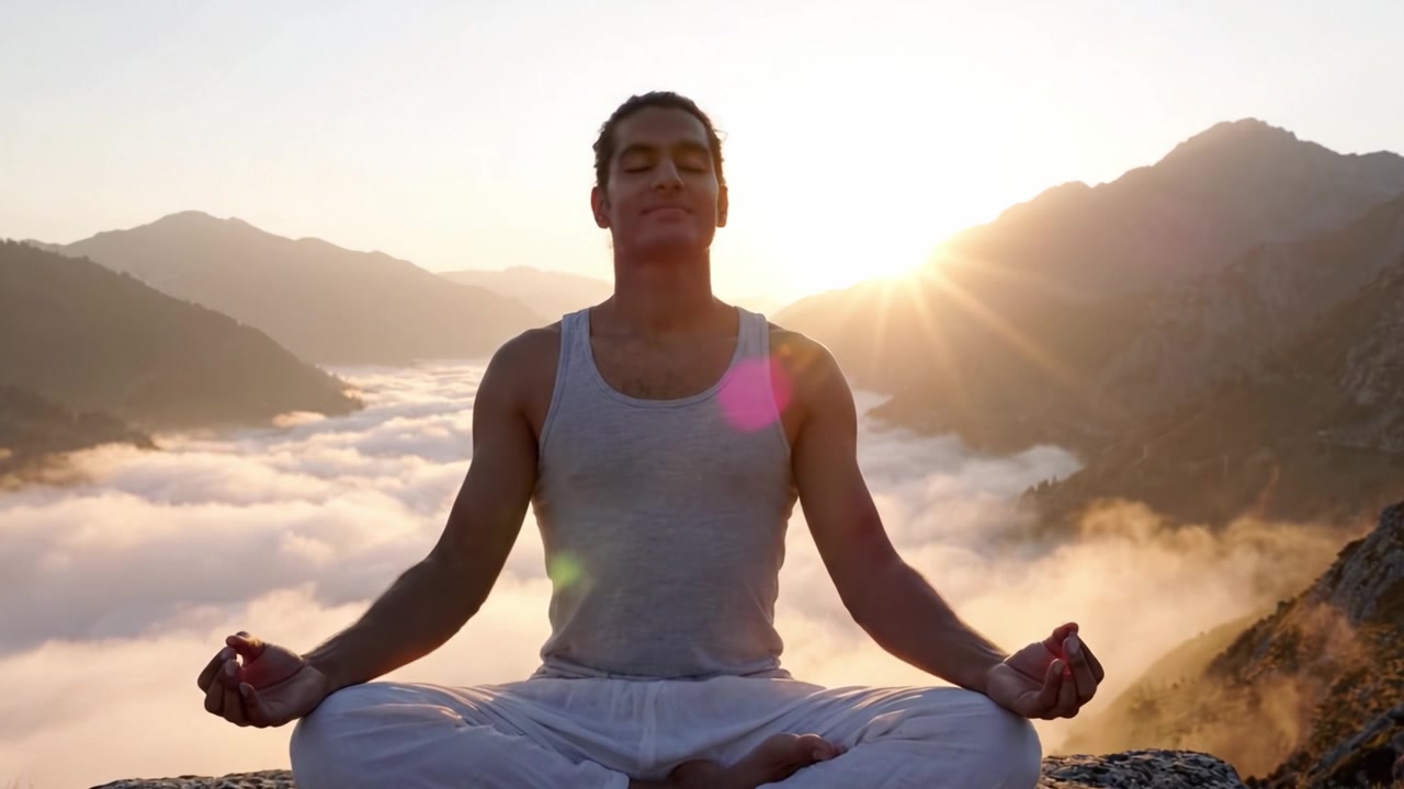 A Serene Meditation Experience: A Calm Individual Meditating at Sunrise Over a Misty Mountain Landscape, Embracing Tranquility and Inner Peace in a Natural Setting