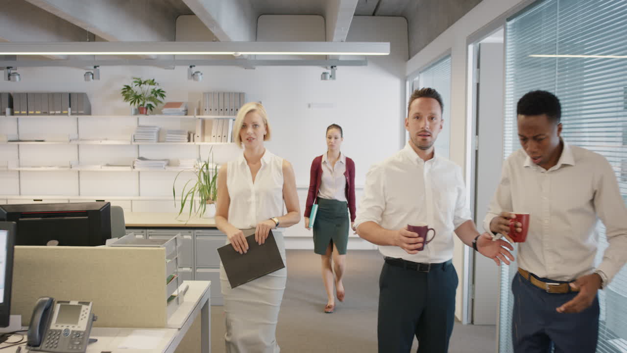 Sexy new woman walking into office interested men and nasty women looking slow motion walk POV shot concept series
