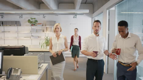 Sexy-new-woman-walking-into-office-interested-men-and-nasty-women-looking-slow-motion-walk-POV-shot-concept-series